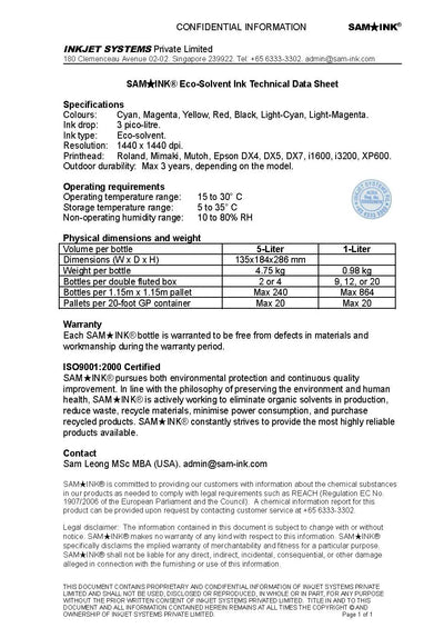 SAM★INK® Eco-Solvent Ink TDS Technical Data Sheet