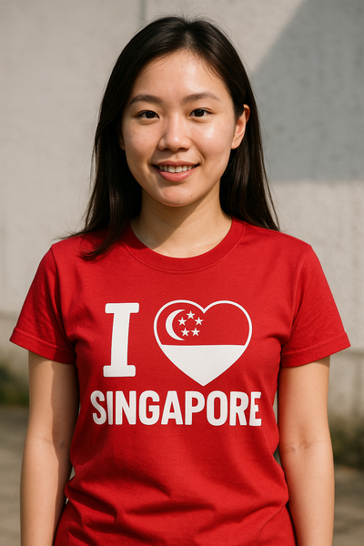Person wearing a red 'I ❤️ Singapore' t-shirt with a heart and flag design.